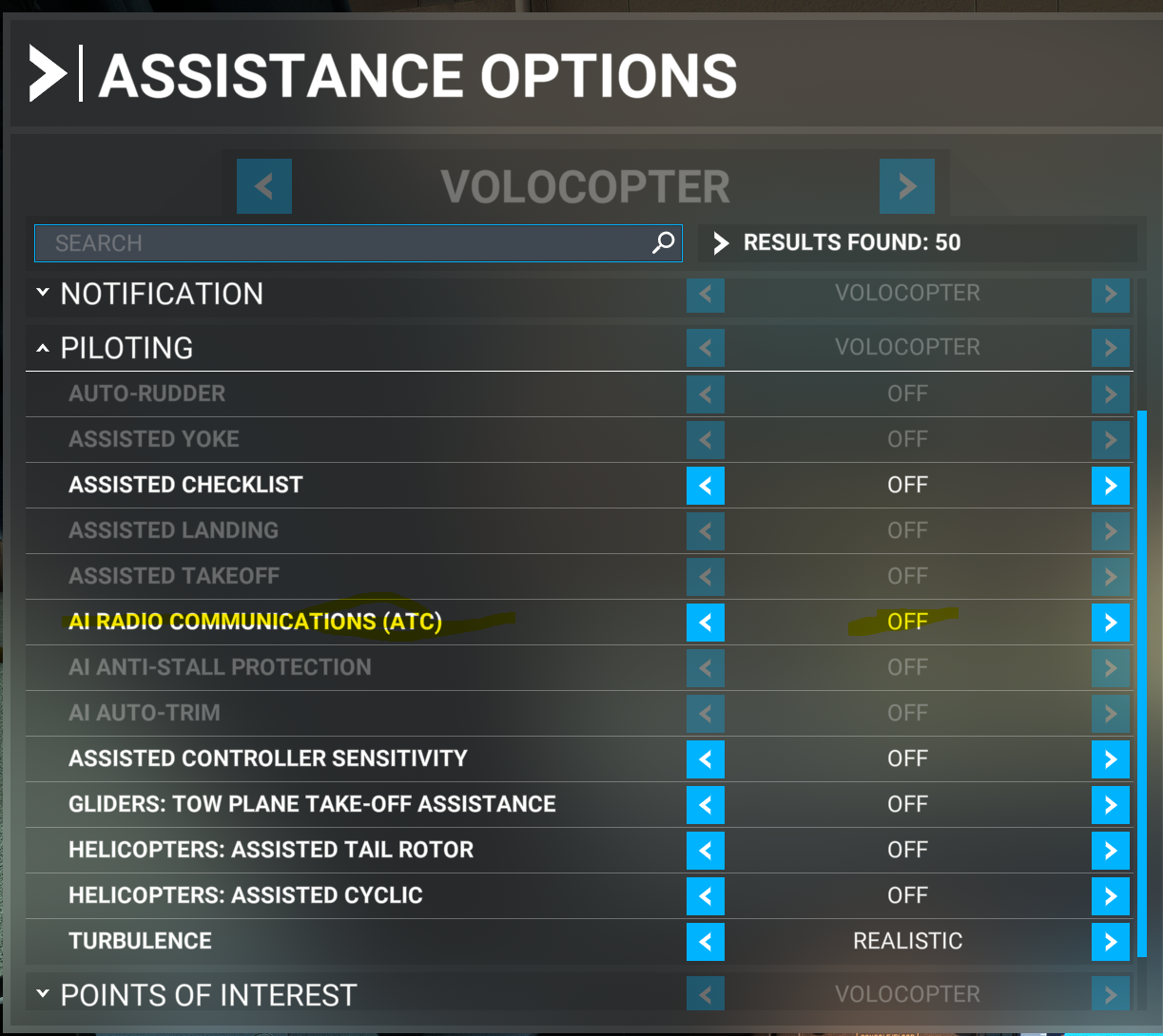 Assistance option to disable in piloting