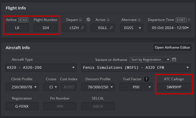 Flight plan with callsign and flight number