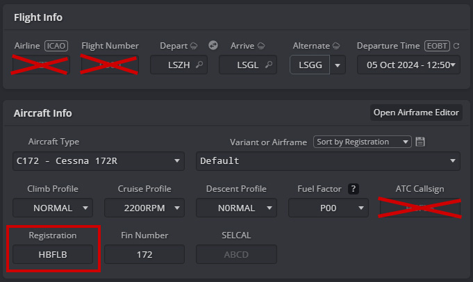 Flight plan with callsign and flight number