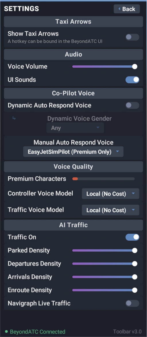 The settings page