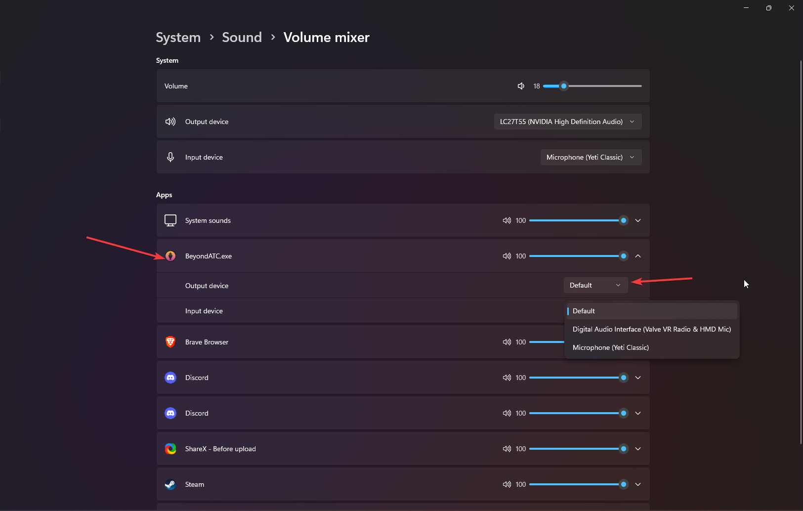 Output settings in Windows